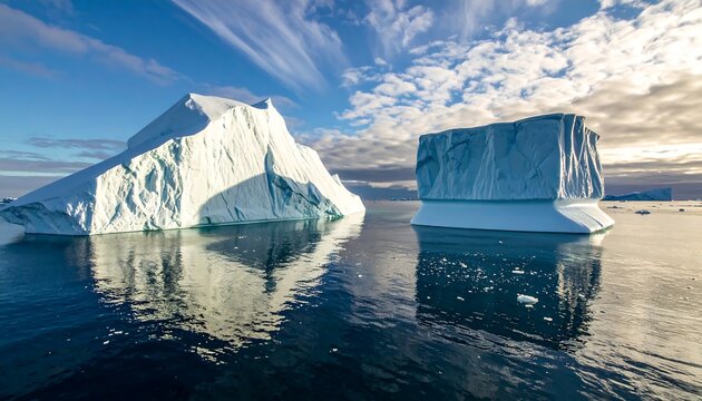 Majestic icebergs float on calm Arctic waters
