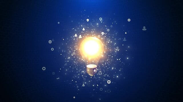 Glowing light bulb innovation background bright idea floating icons, particles, hexagon texture. business videos, startup promos, education content, technology explainers, creative intros, AI concepts