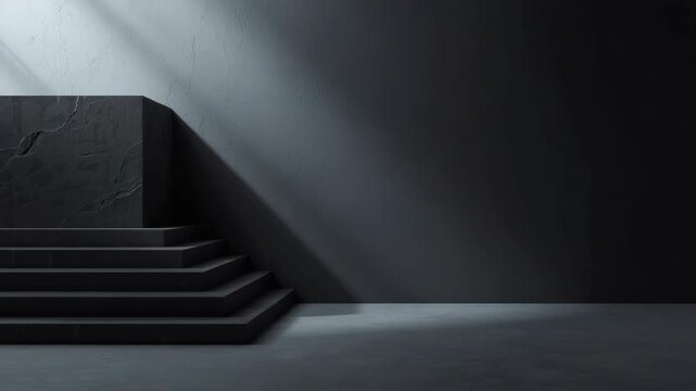 Dark minimalist stage with stone steps and dramatic side light casting soft shadows stepped platform