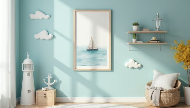 Nautical baby room decor with sailboat art and lighthouse model. Soft blue wall features cloud accents and light wood shelf. Cozy basket with pillow completes theme.