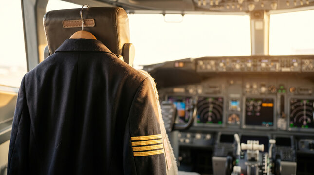 Commercial pilot jacket hanging in empty airplane cockpit
