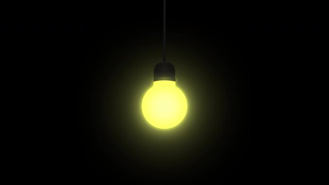 Glowing hanging yellow light bulb seamless loop animation with random flickering effect with alpha matte. 4K animated flickering yellow bulb for overlay, cinematic video editing, and motion graphics.