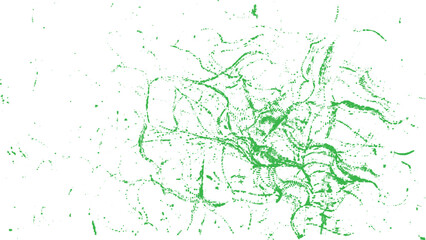 Fototapeta premium Abstract green tangled lines chaotic knot on white background, distressed grunge scribbles halftone dot trails, rough vector noise texture background
