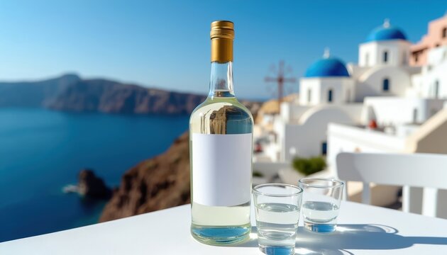 Bottle of ouzo drink with glasses on table. Santorini island coast with white buildings blue domes blue sea. Summer vacation drink outdoor cafe.