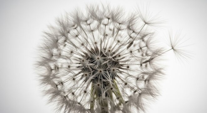 A close-up, front-view macro shot of a fluffy white dandelion clock with delicate seeds arranged in a spherical pattern.