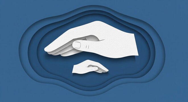 A 3D layered paper-cut illustration showing a large hand shielding a smaller hand. The blue background features concentric "carved" layers, emphasizing the depth