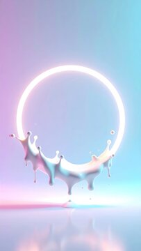 Abstract digital art a neon ring frames a splash of silvery liquid with gradient background