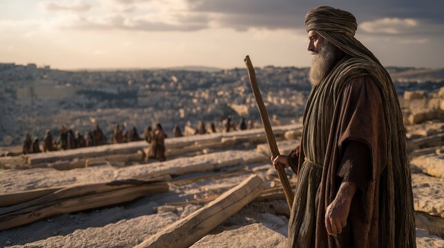 King Solomon standing fully visible on Mount Moriah overlooking Jerusalem, with architects and builders around foundation stones, measuring ropes and tools, sunrise over city panorama.
