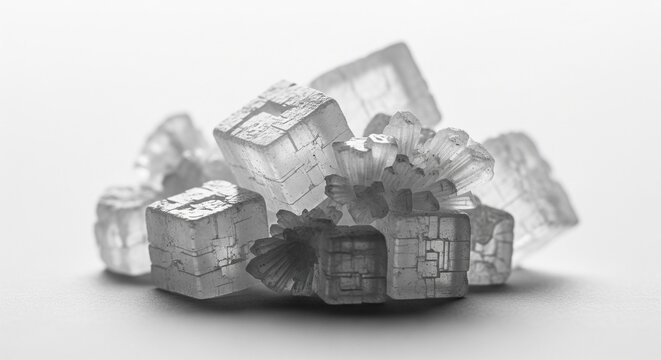 A pile of translucent, square-shaped salt crystals. The macro shot highlights the geometric perfection and transparency of the individual mineral cubes under bright, clean light