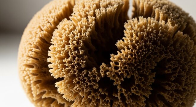 A close-up of a textured sea sponge illuminated by warm, side-directional light. The lighting emphasizes the deep crevices and soft, fibrous structure of the organic material