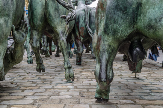 PAMPLONA, SPAIN - MAY 3, 2015: Monumento al Encierro (Monument to the Bull Run), the commemorative sculpture by Rafael Huerta honoring the San Fermin bull run, in Pamplona, Navarra, Spain