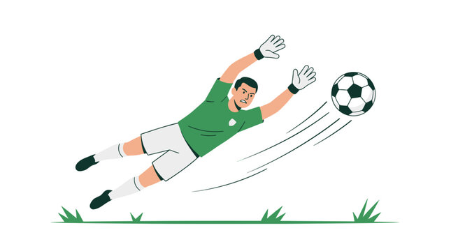 A male soccer goalkeeper dives horizontally to save a fast-approaching ball.