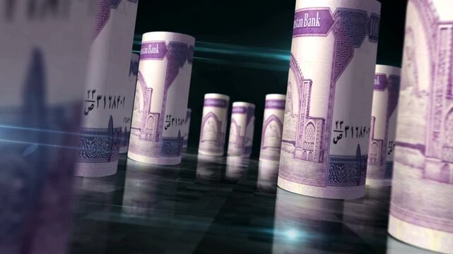 Afghanistan Afghani Afghan money rolls loop 3d. Money on table. Seamless and loopable abstract concept of economy, finance and business. Camera between 100 AFN rolled banknotes.