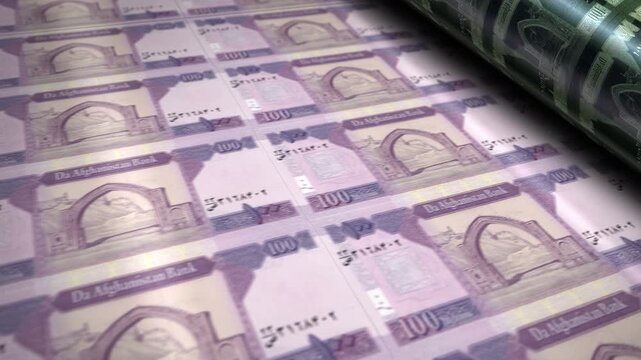 Afghanistan Afghani Afghan money banknotes printing roll machine loop. Paper 100 AFN bank note print 3d looping seamless. Abstract concept of banking, finance, economy and crisis.