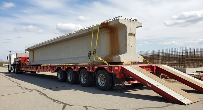 Side view of a massive precast concrete bridge girder secured on a long red flatbed trailer on an asphalt road
