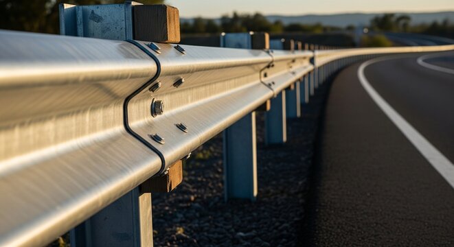 A close-up, low-angle shot focusing on a shiny metal highway guardrail (crash barrier) stretching into the distance along a curved road at sunset