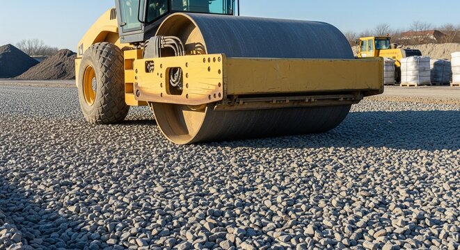 A yellow heavy-duty road roller compacting a fresh layer of grey crushed stone at a construction site under a clear blue sky.