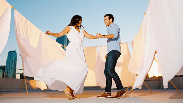 Couple dancing among hanging white sheets on rooftop