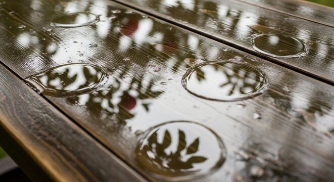 A top-down perspective of water puddles on a wooden garden table reflecting the sky and nearby trees