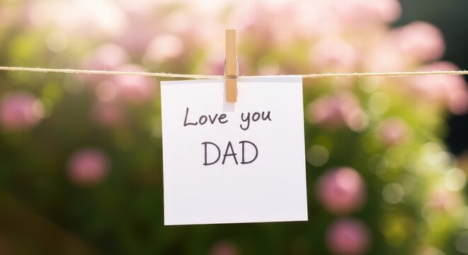 Handwritten love you dad note hanging on clothesline against bokeh floral background.