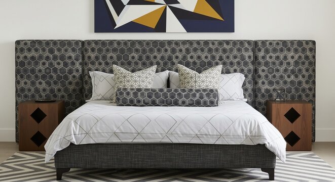 A clean, contemporary bedroom focusing on a large, custom-patterned headboard. The bed is dressed in white linens with matching patterned pillows and a bolster