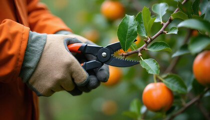 Naklejka premium Person wears gloves, uses shears to trim tree branch with ripe orange fruits. Focus on pruning action in orchard setting. Healthy growth and harvest preparation.