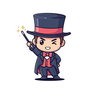 Cartoon magician with magic wand smiling.