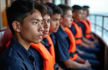 Obraz premium Young cadets in navy uniforms and orange life vests sit on a ship. They look forward attentively. Nautical training and discipline are evident.