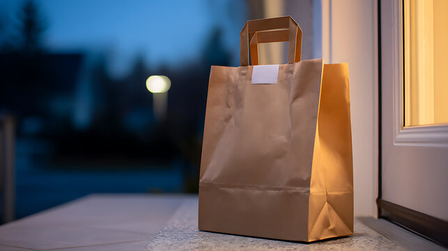 Contactless Delivery: Brown Paper Bag with Takeout Food or Groceries Left on Porch at Night for Customer Convenience and Safety