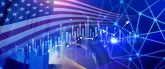 Stock market business and exchange financial growth graph. Business chart data graph diagram US, business trading graph investment growth, global trend arrow up and down. not ai