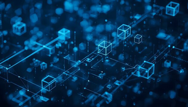 Artificial intelligence blockchain transaction background with glowing blue cubes and lines on dark