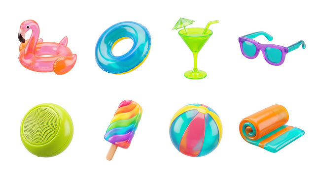Collection of 3D summer beach and pool icons, transparent background