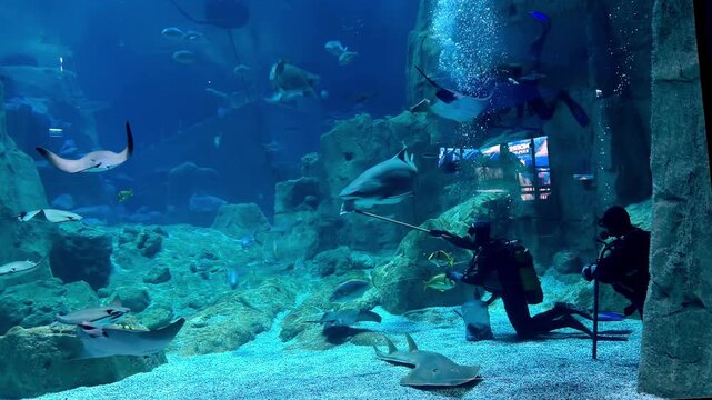 Scuba divers feeding sharks inside large aquarium tank with bubbles rising and controlled underwater environment, shot handheld, 4k footage