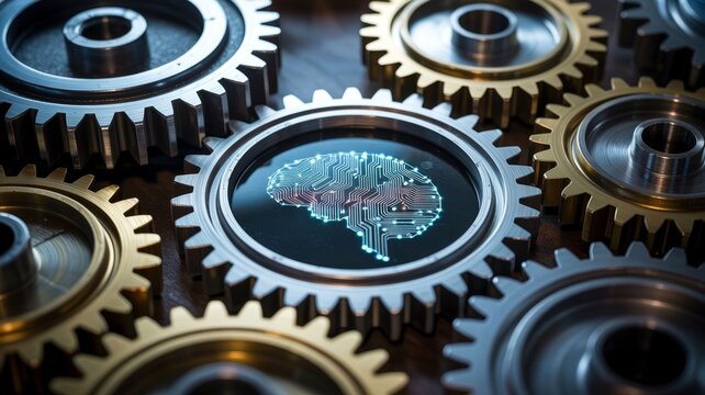 Closeup of interlocking gears with a central gear featuring a circuit board brain design, symbolizing artificial intelligence and mechanical innovation