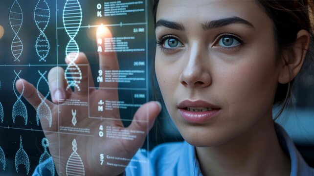 Woman in lab coat interacting with futuristic genetic interface screen displaying dna sequences and data