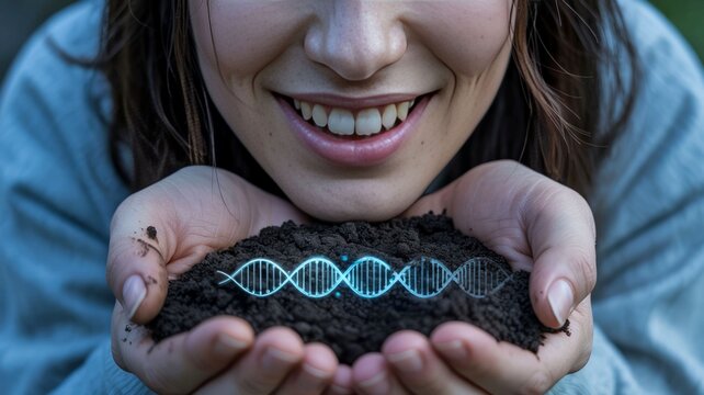 Woman holding soil with glowing dna double helix structure on top representing genetic modification or biotechnology concept