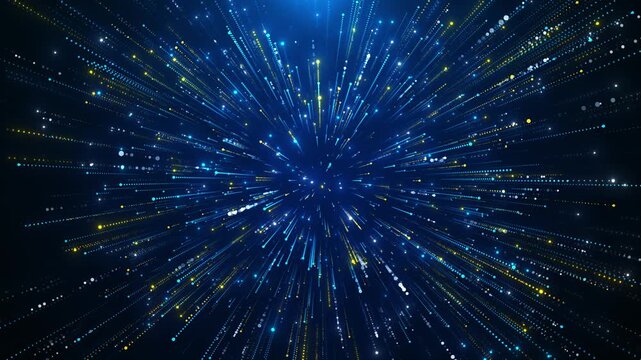 Blue yellow particle burst background explodes dark dotted light trails, speed lines, cosmic depth. technology videos, music intros, digital transitions, data motion, gaming edits, energetic visuals.