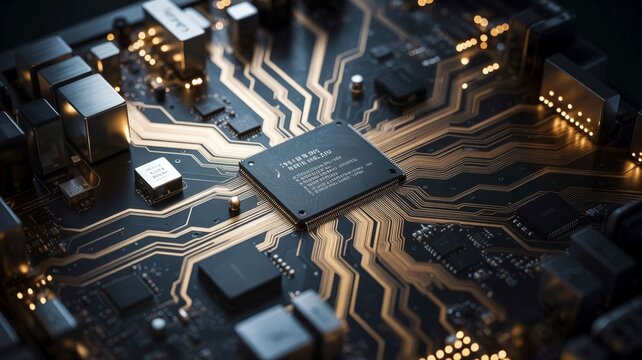 Closeup of a computer circuit board with a central microchip and gold connections