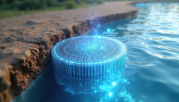 Abstract nanotechnology device cleans murky water creating bright blue light. Advanced tech purifies liquid in clear wavy blue body. Eco concept for clean resource.