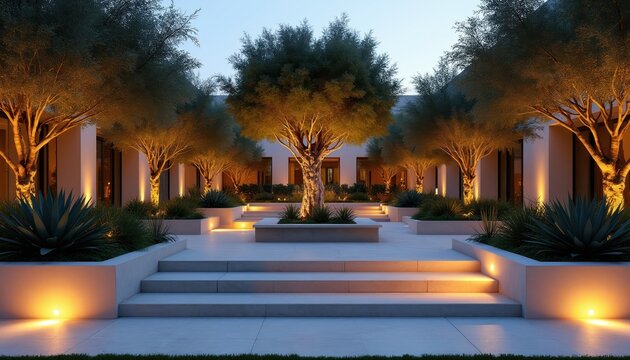 Modern outdoor courtyard with minimalist architecture, landscaping. Architectural trees illuminated by warm uplighting creating serene ambience. White concrete pathways, raised planters define space.