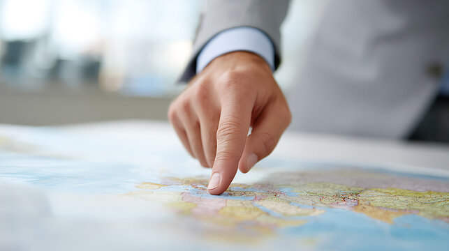 Businessman's hand points on a global map, indicating a specific location or destination, symbolizing strategic planning, travel, or international business decisions