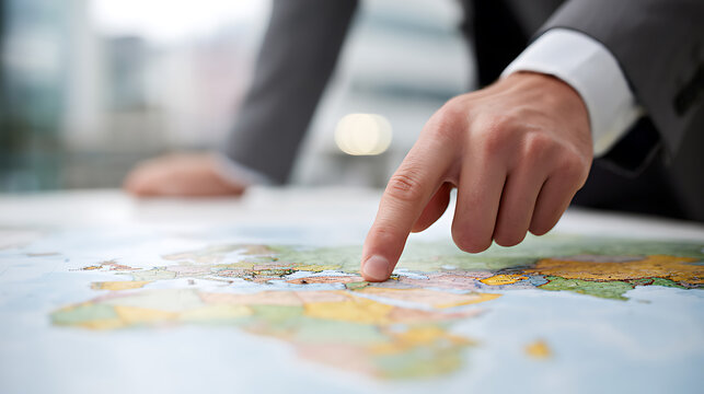 Professional hand points on a detailed world map, strategic business planning and global expansion concept, close-up view