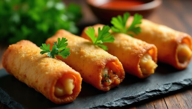Golden brown crispy egg rolls filled with tasty stuffing served on dark slate plate with fresh parsley garnish. Perfect for food blogs recipes and restaurant menus.
