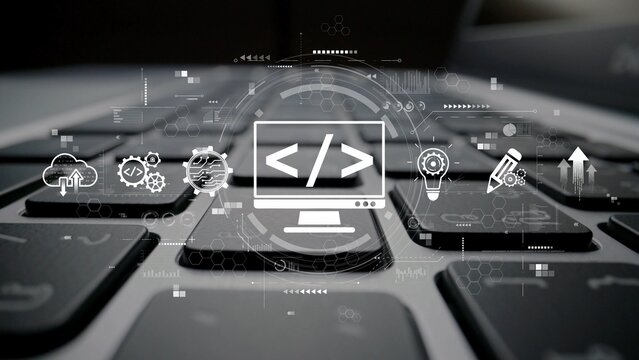 Modern web development concept featuring coding symbols, web development process, web development interface, and web development tools with futuristic design. Muxer