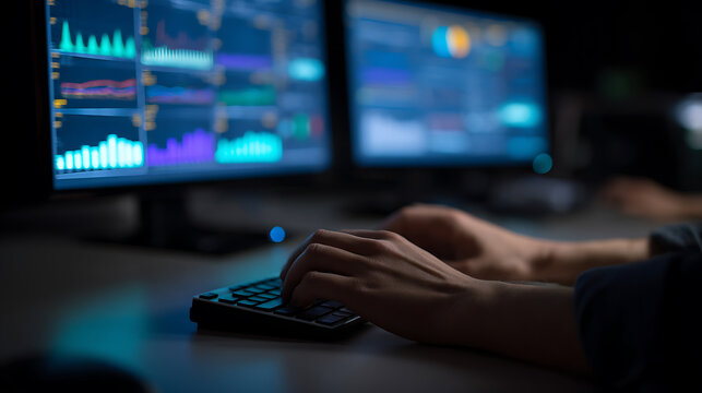 Person type a keyboard in a dark office view from the side, with two glowing computer screens showing charts and data analyze in the background