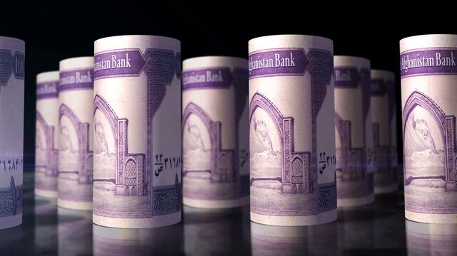 Afghanistan Afghani Afghan money rolls loop 3d. Camera moving in front of 100 AFN rolling banknotes. Seamless loopable concept of economy, finance, business and debt.