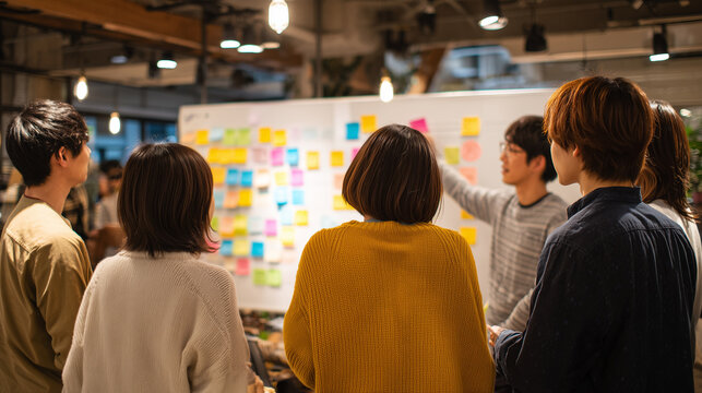 付箋ボードを囲む日本人チーム