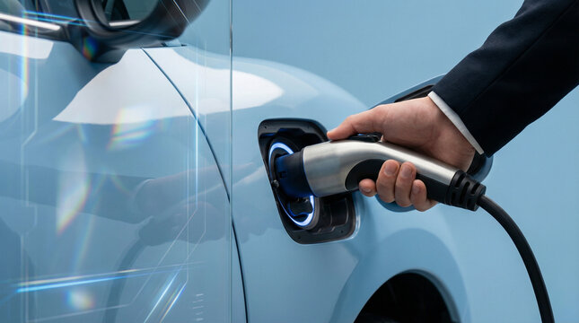 Hand plugging charging connector into electric car port in bright setting  