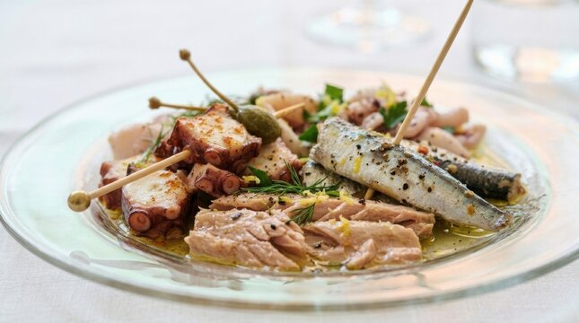Mediterranean seafood appetizer plate with octopus sardines and tuna in olive oil for restaurant menu background and tapas banner