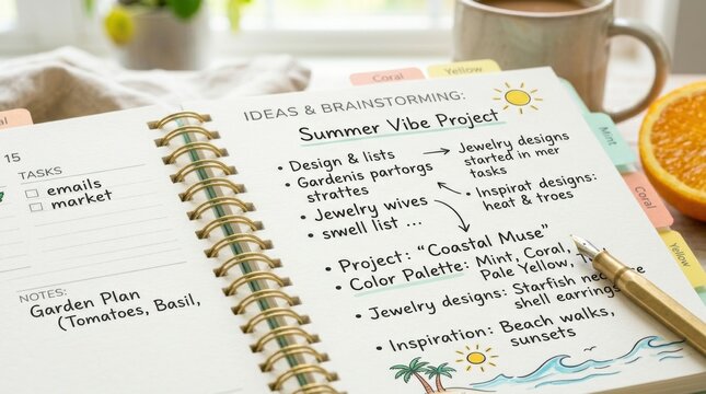 Spiral notebook with summer vibe project brainstorming notes, color palette and doodles next to coffee and orange for planner background and creative moodboard